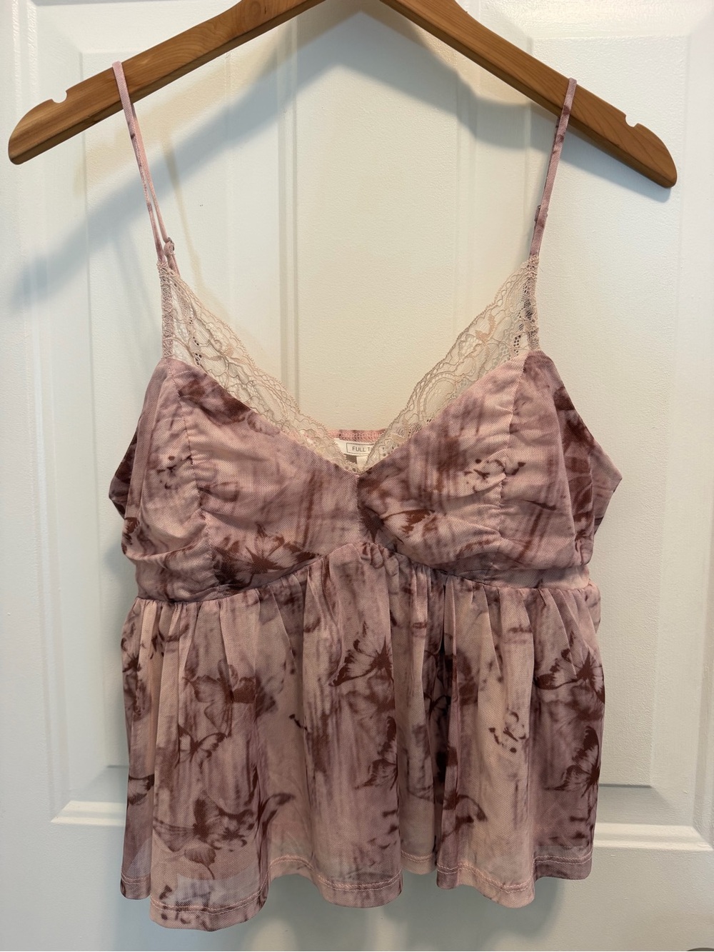 Women’s Mesh Light Pink Butterfly Tie Dye Cami Babydoll Top - Lace Trim - Size L